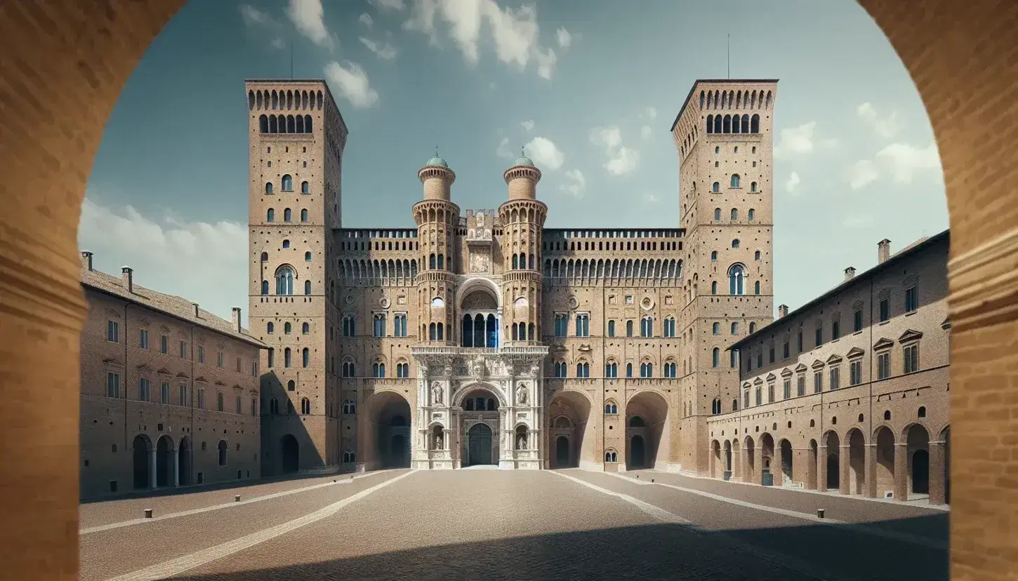 Palazzo Ducale di Urbino in primo piano con facciata in mattoni ocra, finestre incorniciate in pietra, torri cilindriche e cielo azzurro.