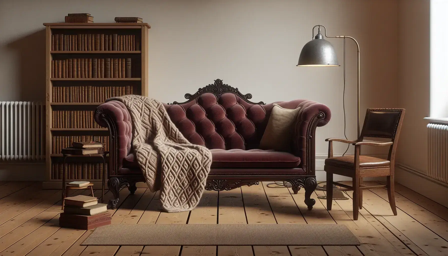 Sofá victoriano de terciopelo rojo oscuro con patas talladas y manta de lana en sala con paredes crema, silla de terapeuta, mesa redonda y lámpara suave junto a estantería de libros.