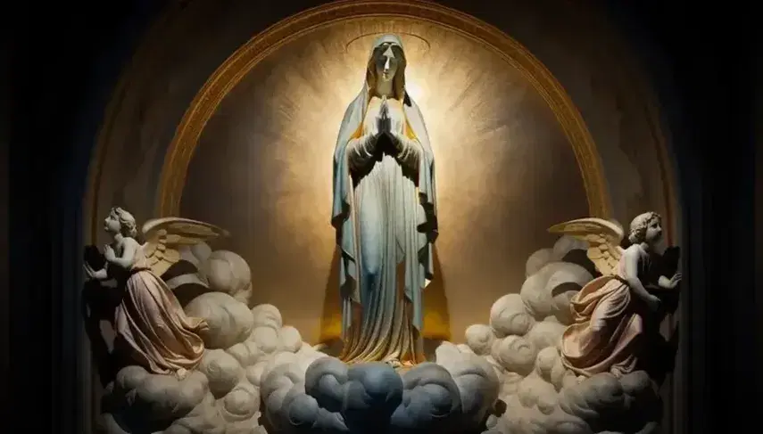 Estatua de figura femenina en oración con manto azul y bordes dorados, sobre base de nube con ángeles a los lados, iluminada creando halo.