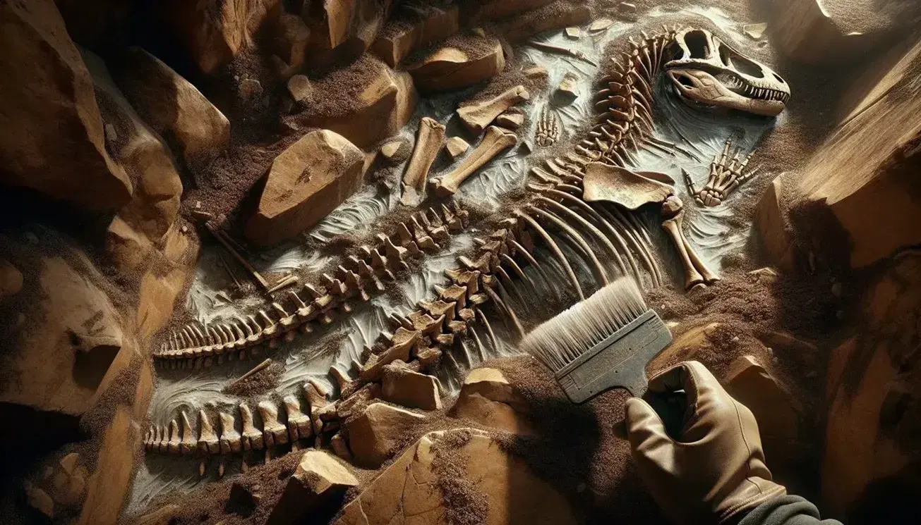 Paleontologist uncovers theropod dinosaur fossil in rock matrix, brushing sediment off ribcage with a tool, highlighting the contrast between white bones and brown earth.