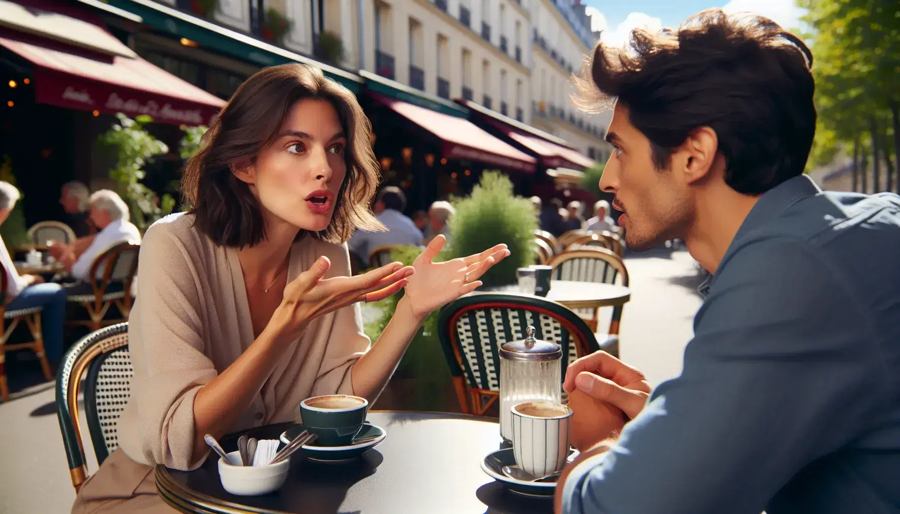 Caucasian woman animatedly conversing with attentive Hispanic man at a Parisian outdoor cafe, with coffee cups and potted plants in soft focus background.