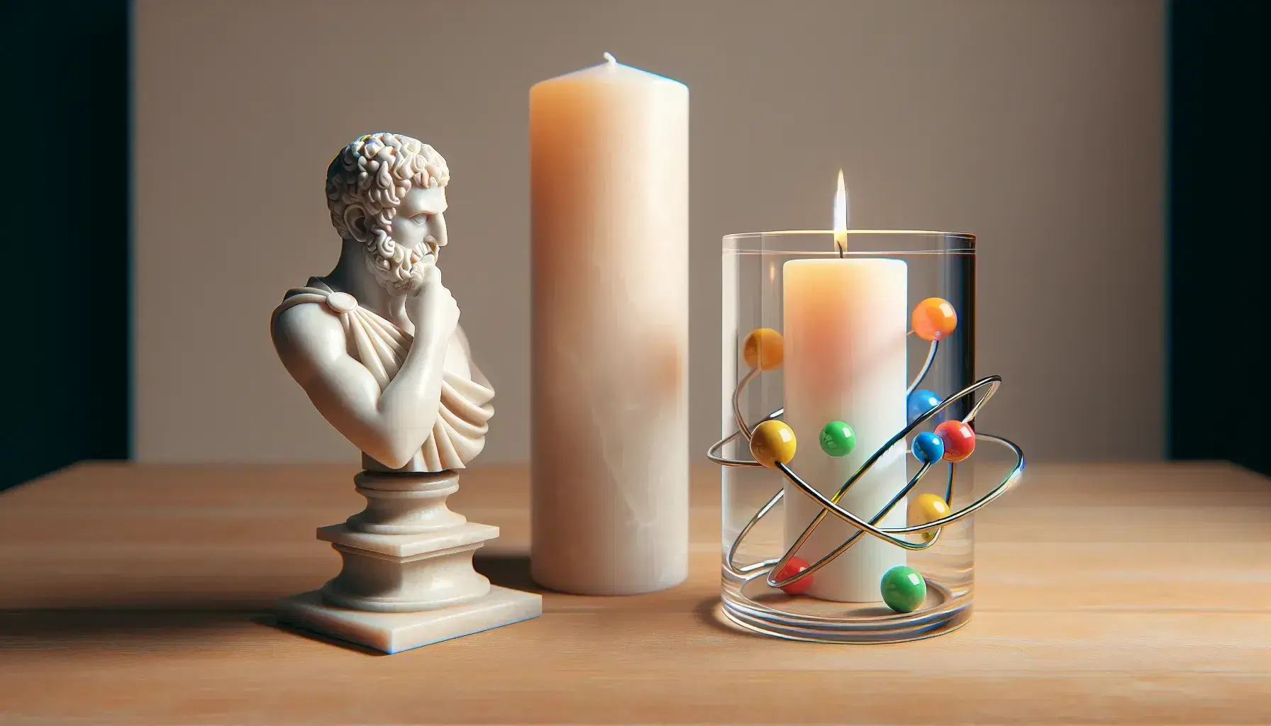 Superficie de madera clara con estatua de filósofo griego, vela encendida en portavelas de vidrio y modelo de átomo colorido, sin textos ni sombras duras.