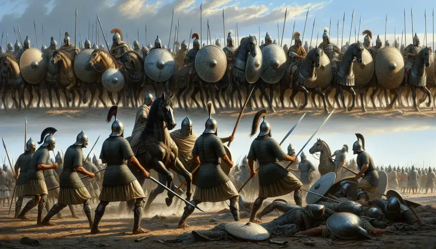 Scena di battaglia antica con soldati in armature e elmi di bronzo, armati di lance e spade, su terreno polveroso con scudi caduti.