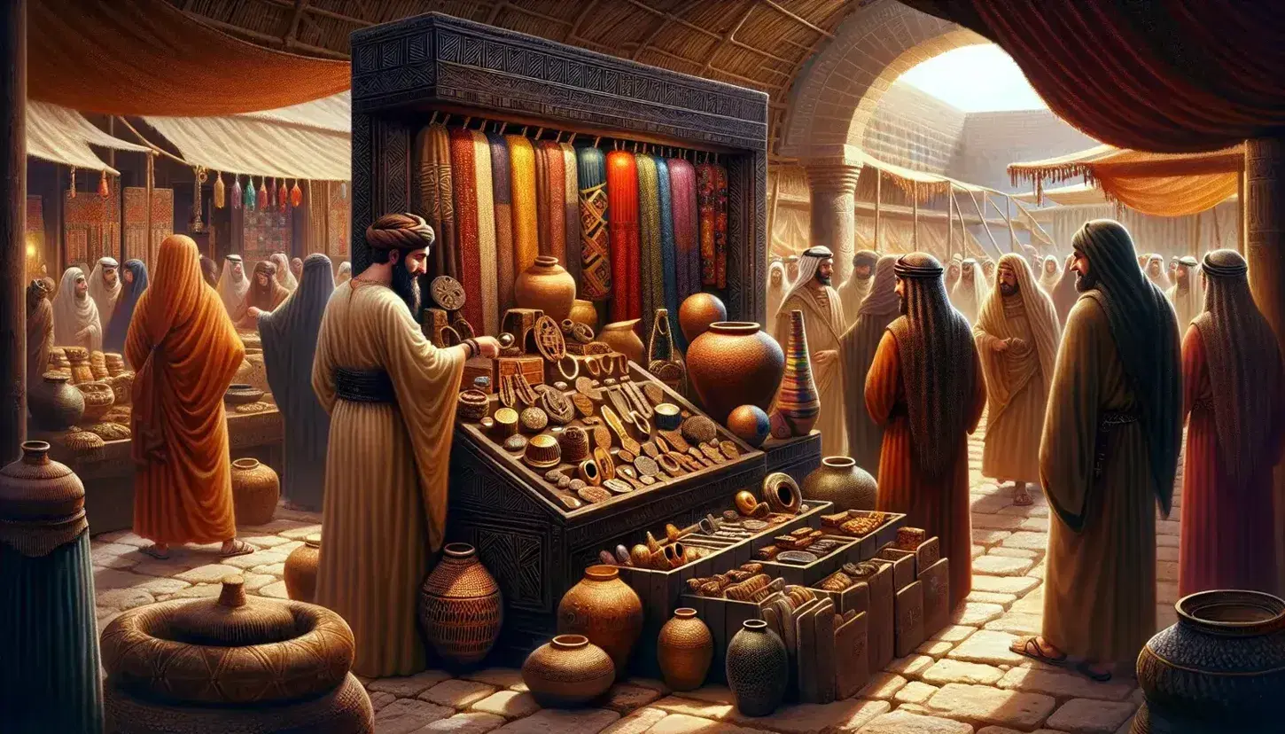 Scena di mercato assiro antico con bancarella di legno scuro, oggetti artigianali, mercanti in tuniche e altare con statuetta divina.