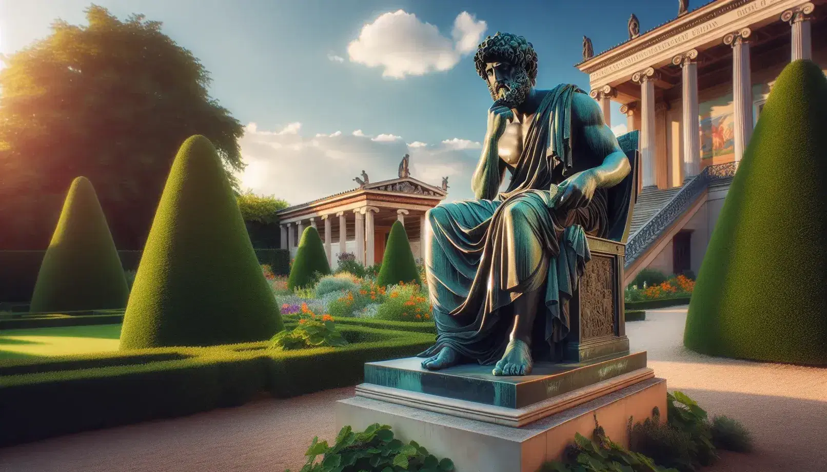 Estatua de bronce de filósofo antiguo con toga en jardín cuidado, rodeado de arbustos verdes y flores coloridas, con edificio clásico al fondo bajo cielo azul.