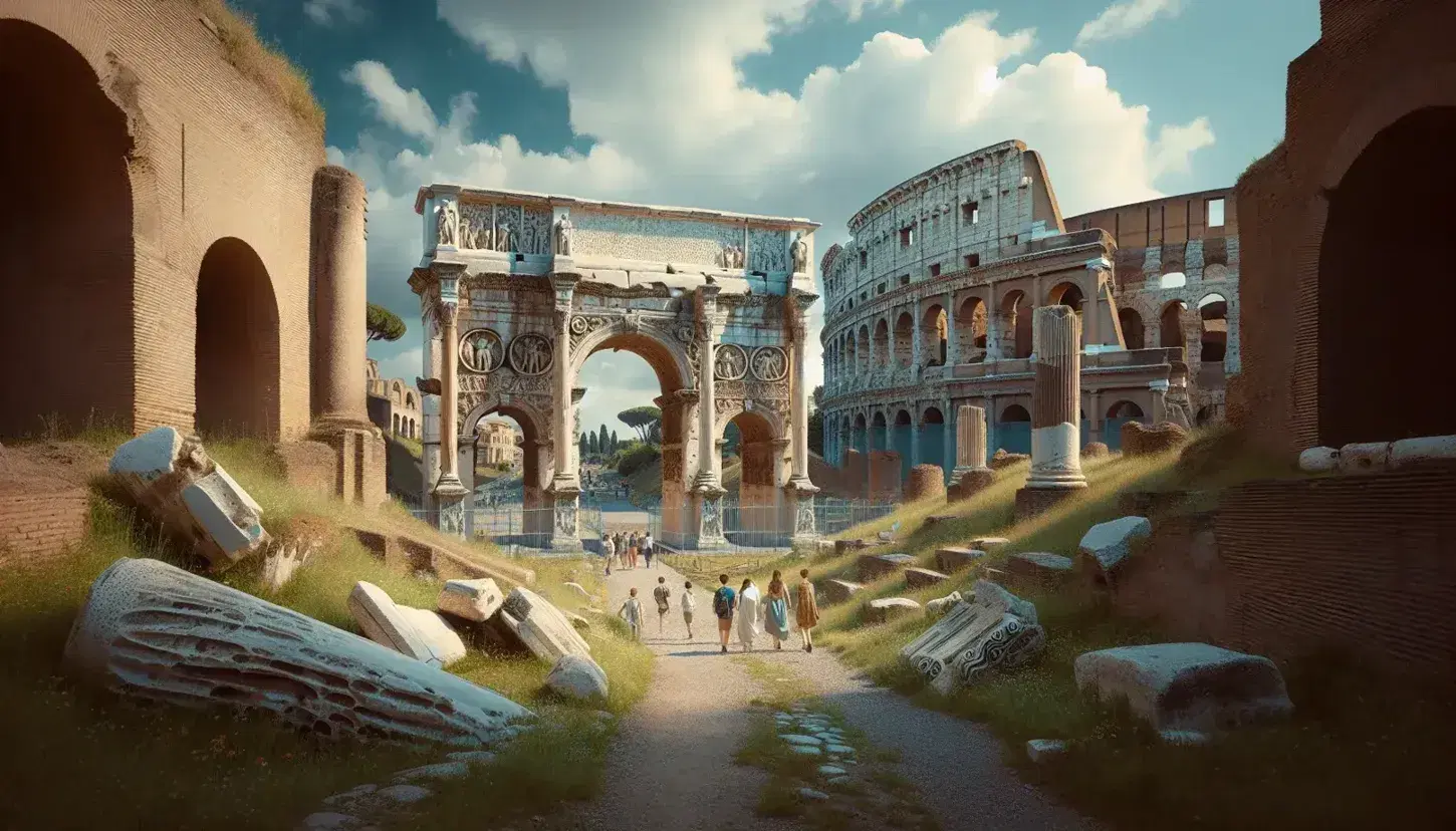Arco di Settimio Severo nel Foro Romano con turisti, Colosseo sullo sfondo e resti di colonne corinzie tra erba e fiori selvatici.