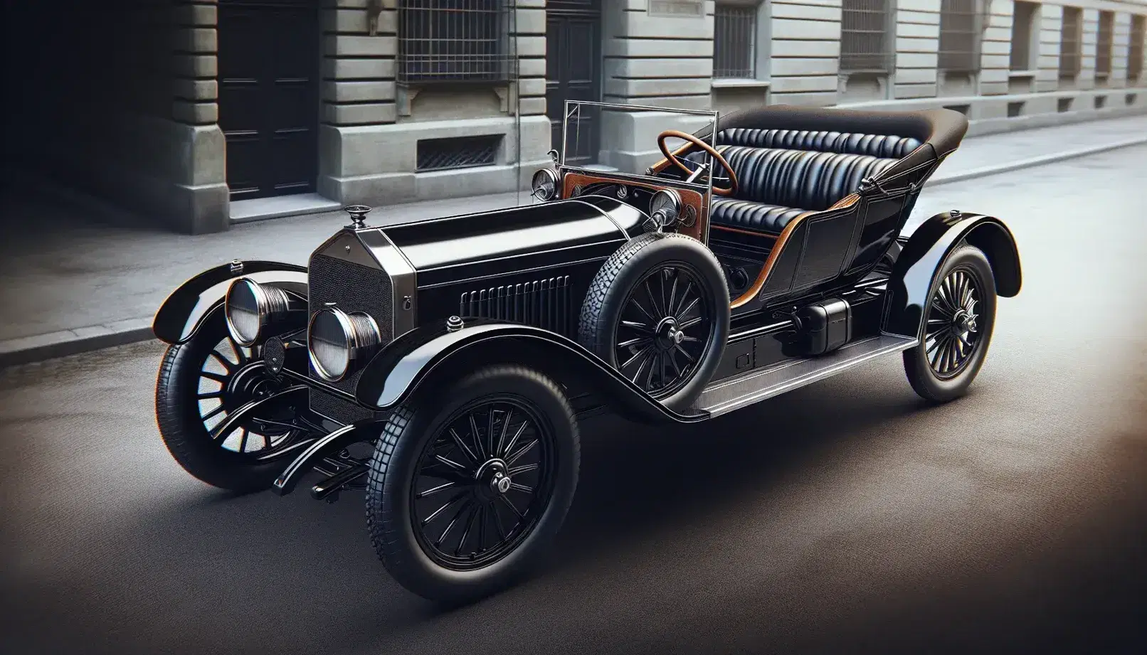 Black four-seater convertible vintage car with brown leather interior, wooden steering wheel, spoked wheels and whitewall tires, blurred urban background.