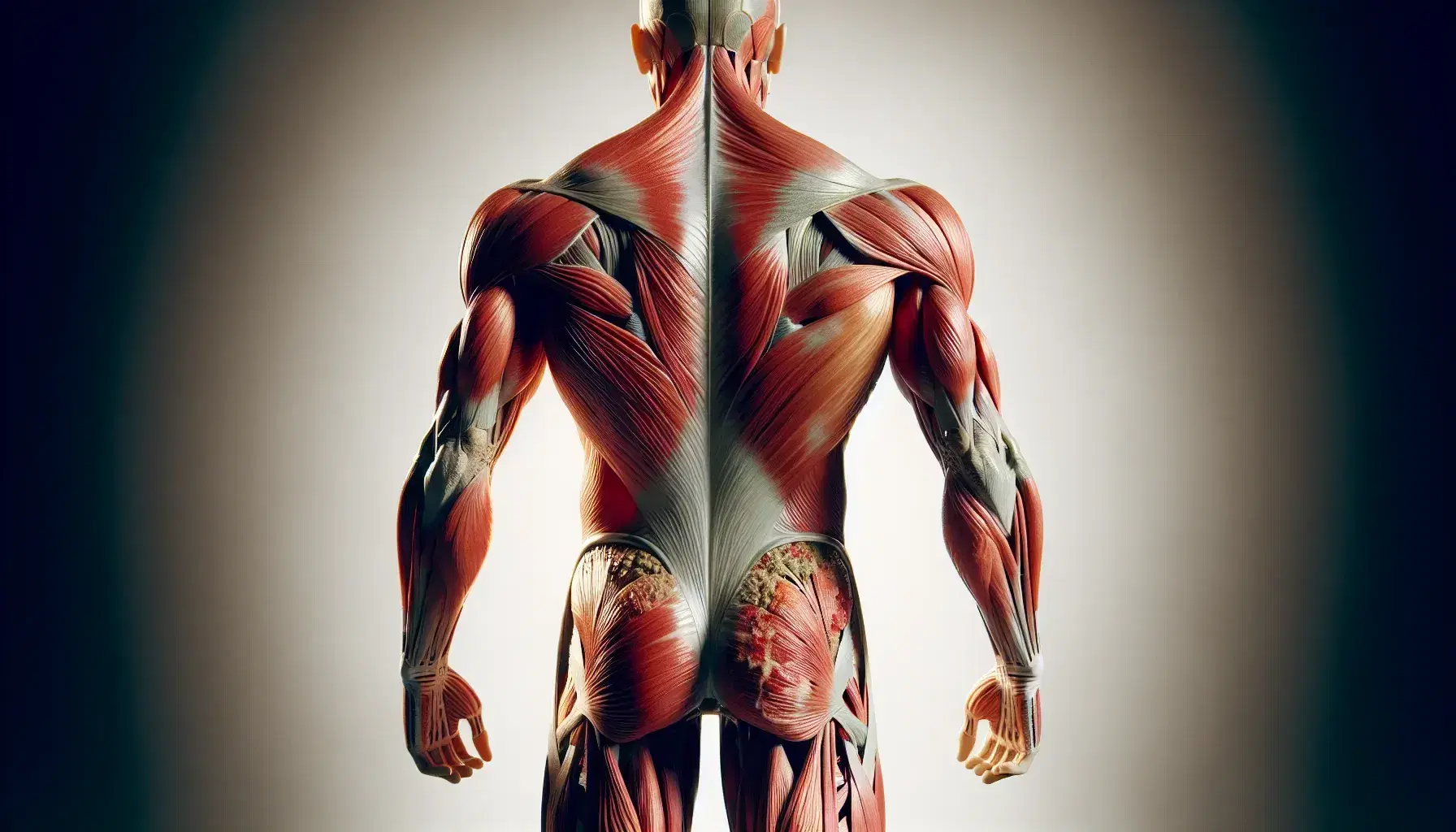 Vista posteriore di un modello anatomico maschile senza pelle che mostra la muscolatura dettagliata, con sfumature di rosso e rosa su sfondo neutro.