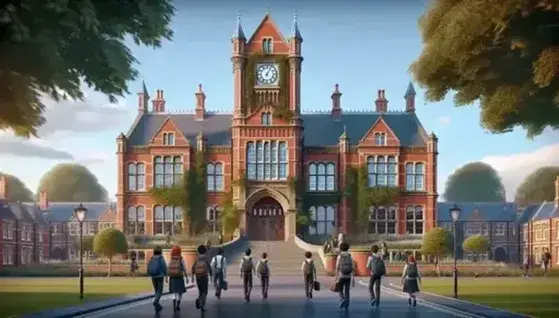 Victorian school with red brick clock tower, blue sky, students in uniform walk towards the entrance among leafy trees.