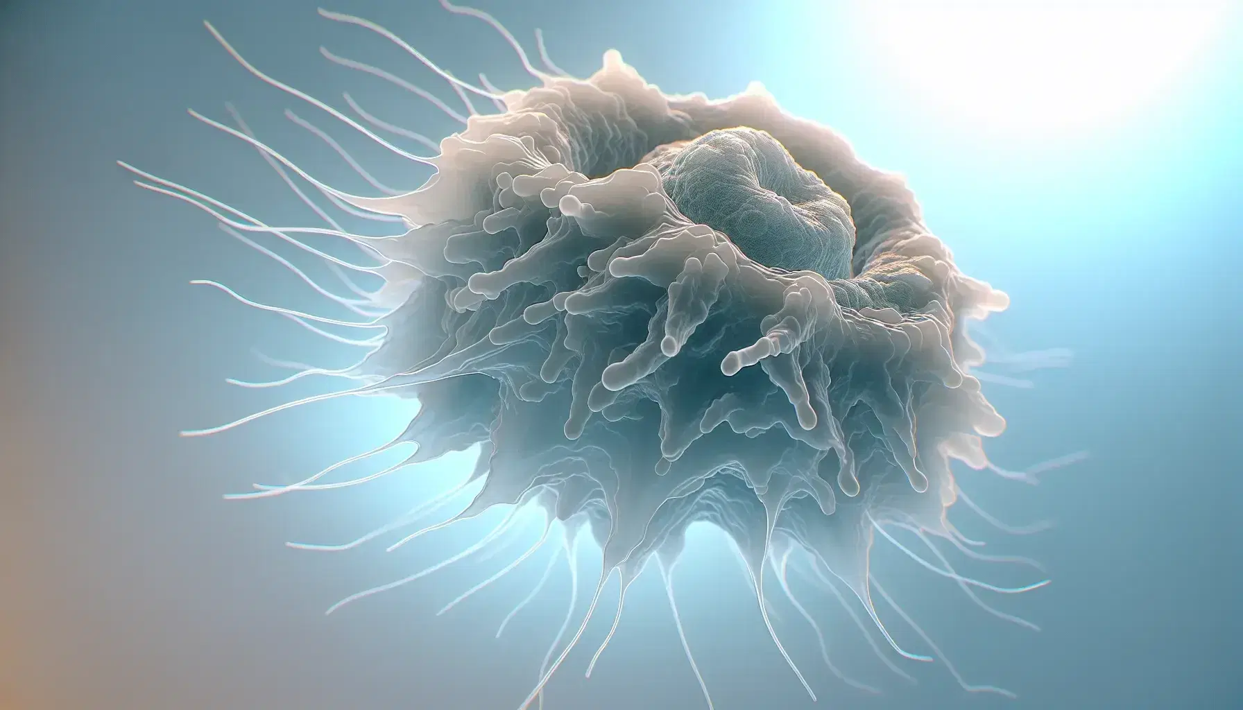 Close-up view of a translucent amoeba extending pseudopodia with a gradient pale blue background, highlighting the cell's dynamic, granular texture.