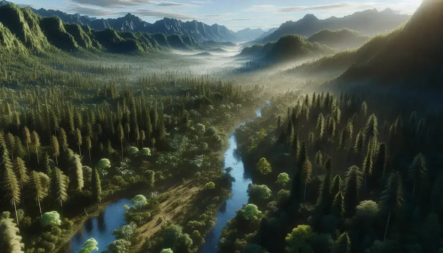 Bosque denso visto desde arriba con río serpenteante, vegetación variada y montañas al fondo en un día despejado, y una figura humana en la esquina.