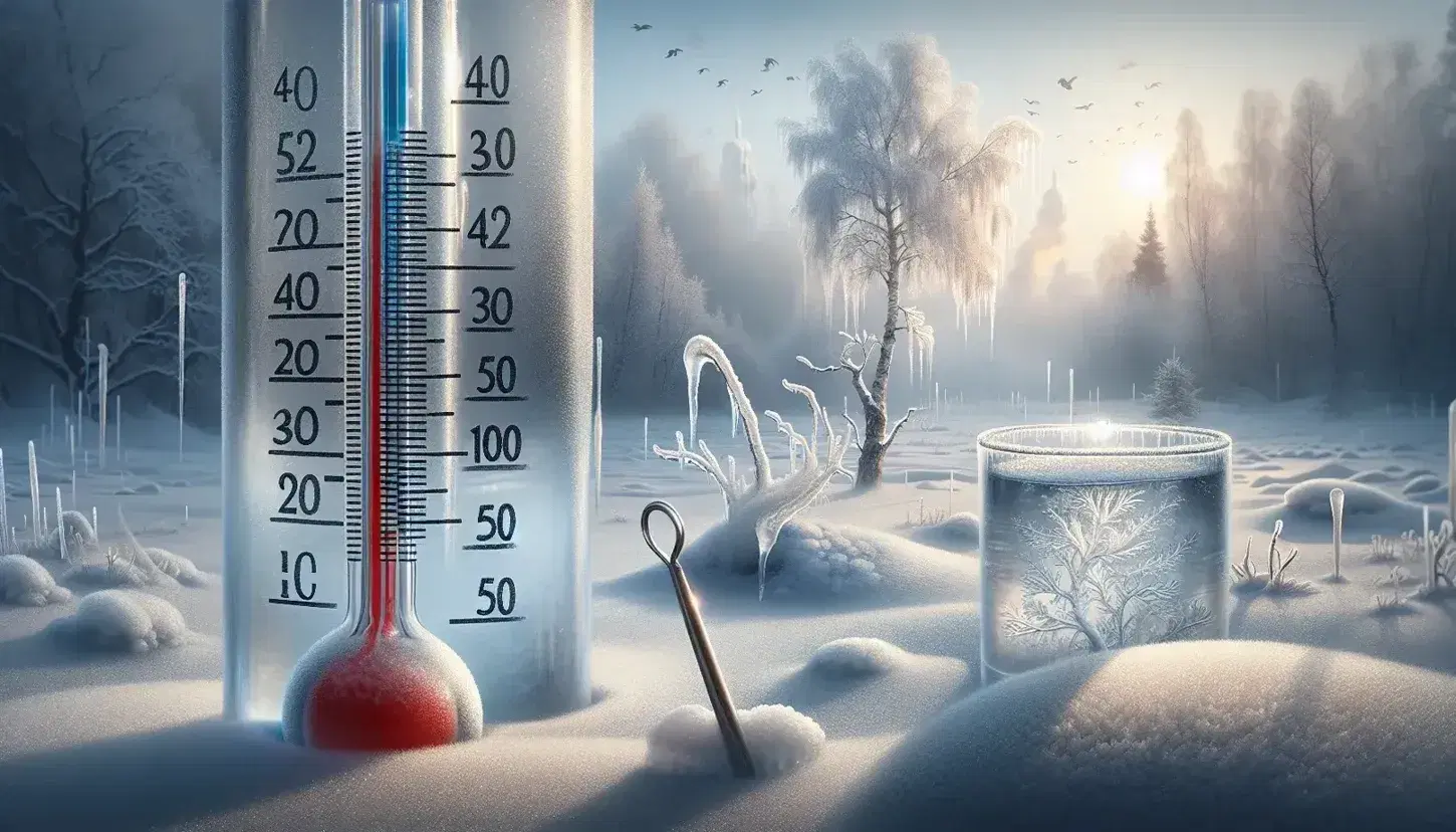 Termometro a mercurio segna temperatura sotto zero in paesaggio invernale con alberi spogli, neve e acqua che inizia a gelare.