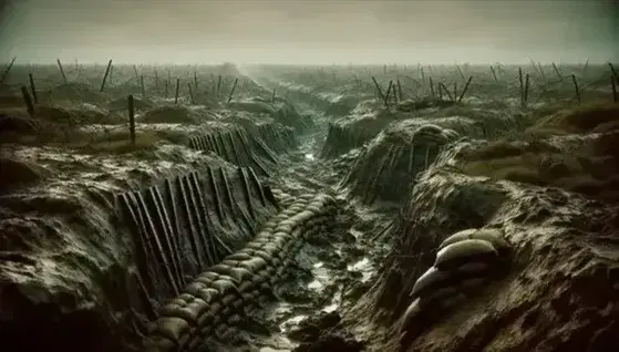 World War I battlefield scene with muddy trenches, barbed wire, bomb craters and bare trees under a gray sky.