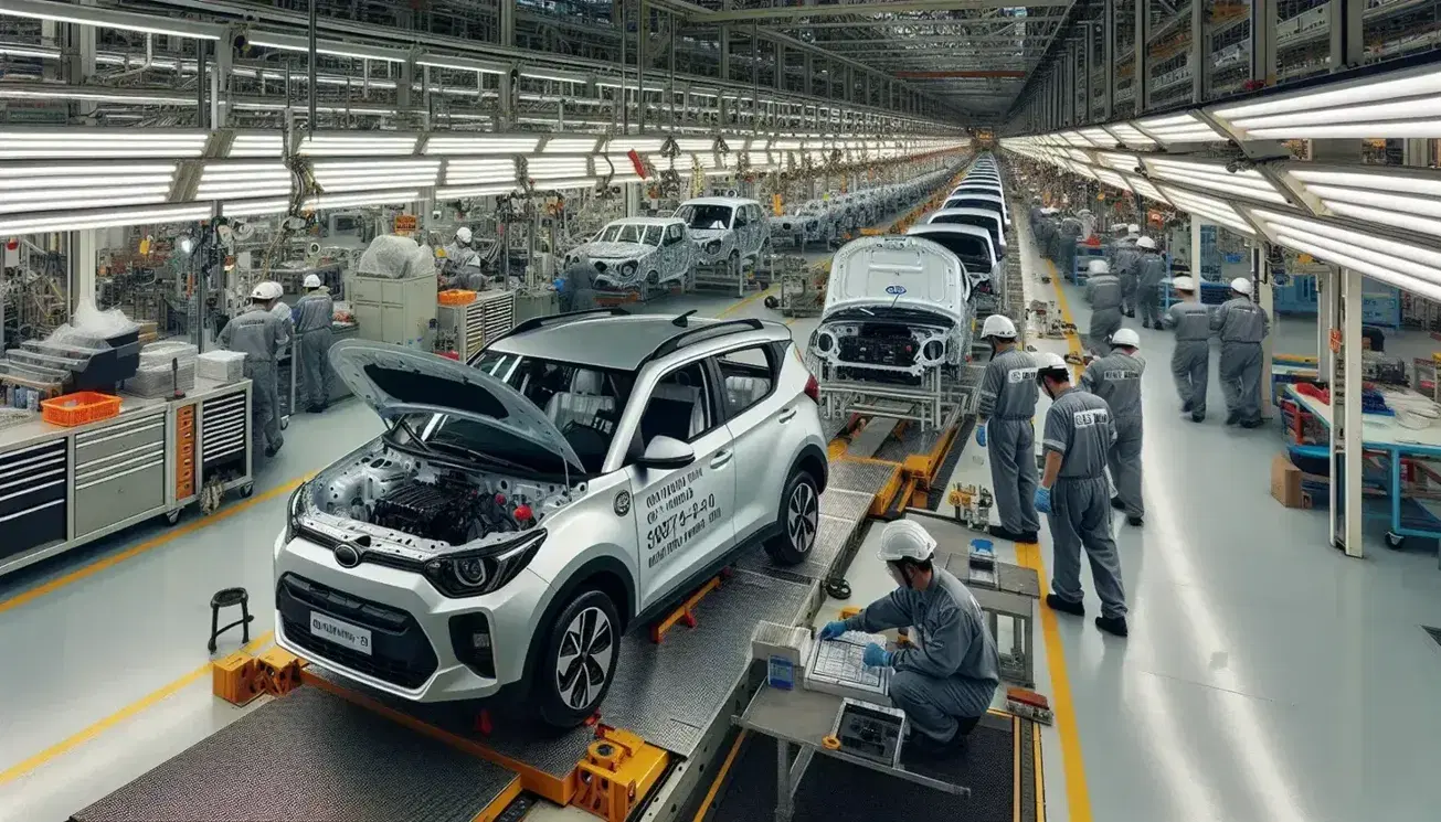 Línea de montaje de vehículos con trabajadores uniformados ensamblando un coche compacto claro, con capó abierto y partes internas visibles, en una fábrica iluminada.