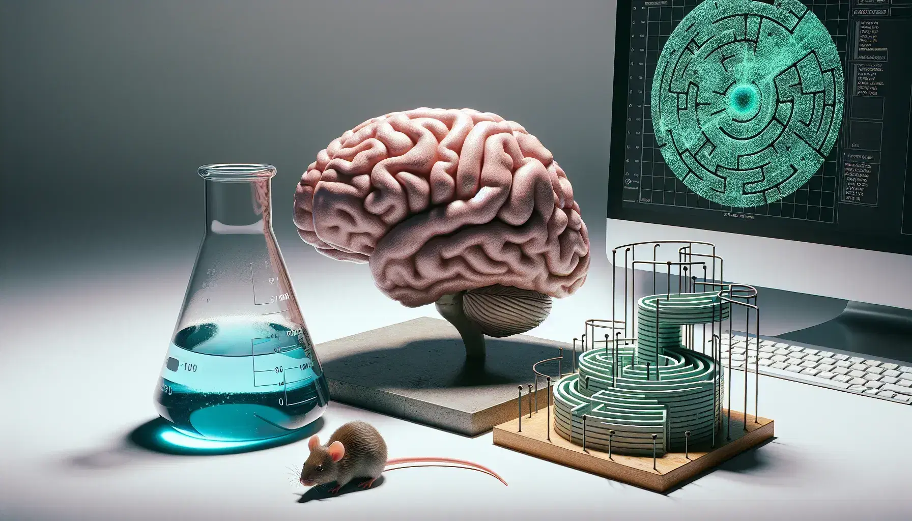 Human brain model with detailed folds, beaker with blue liquid, mouse maze with rat and monitor with green shapes, on white background.