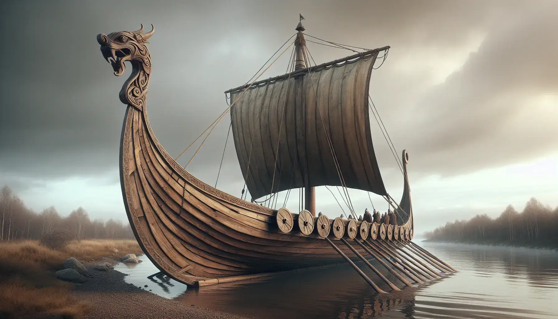 Reconstructed Viking longship moored on riverbank with carved dragon head prow, furled gray sail, and period-dressed figures by thatched-roof settlement.