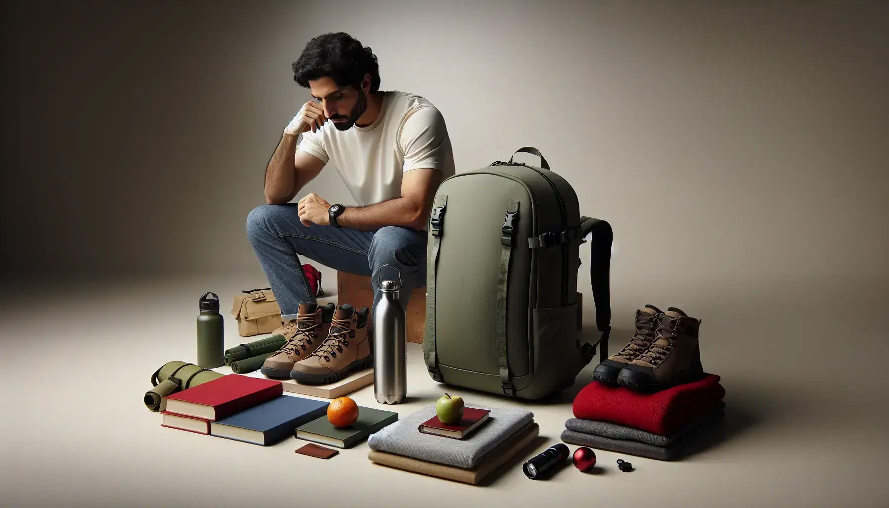 Middle Eastern man ponders what to pack in his sturdy green backpack among colorful books, water bottle, red jacket, hiking boots and fruit.