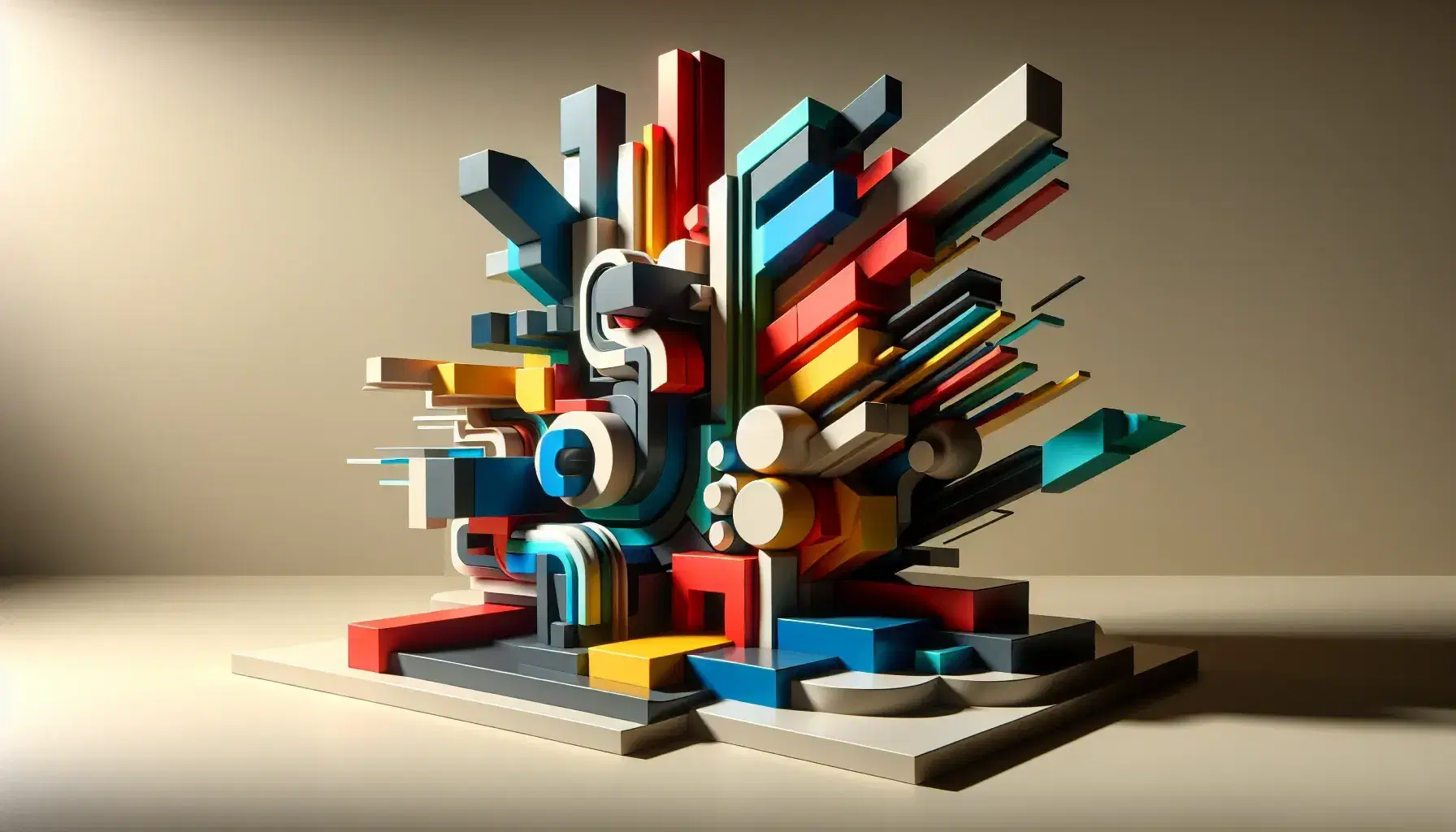 Scultura futurista dinamica con forme geometriche e colori vivaci su piedistallo neutro, senza persone o oggetti circostanti.