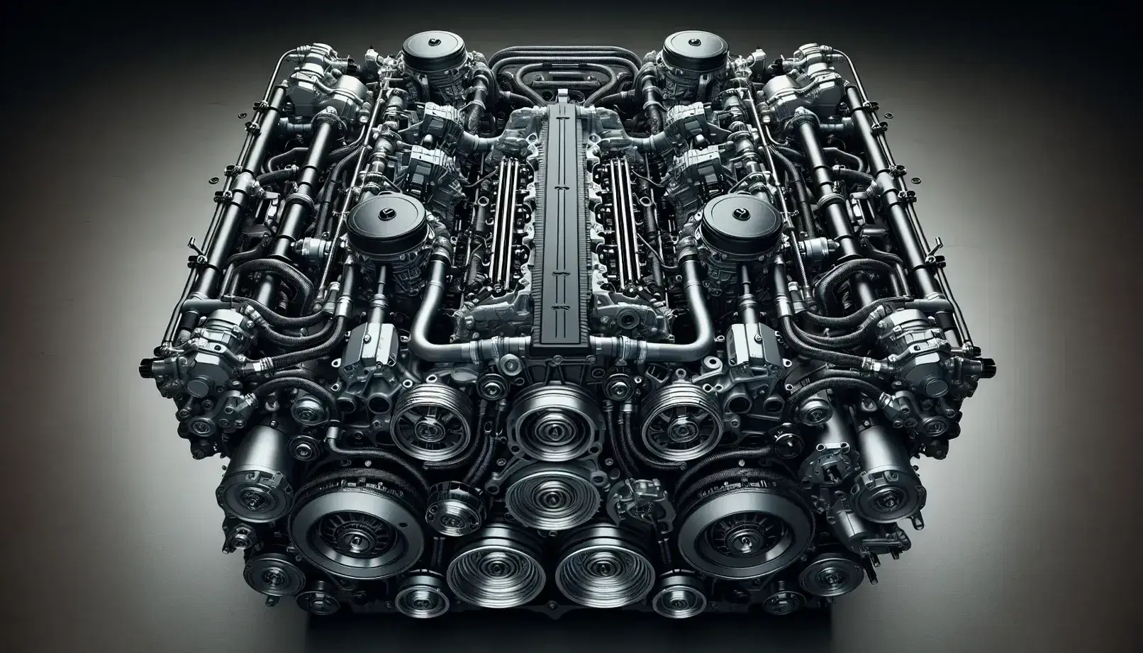 Sección transversal de motor de combustión interna de coche mostrando pistones, bloques de cilindros, tuberías metálicas, cubierta de válvulas y componentes auxiliares.