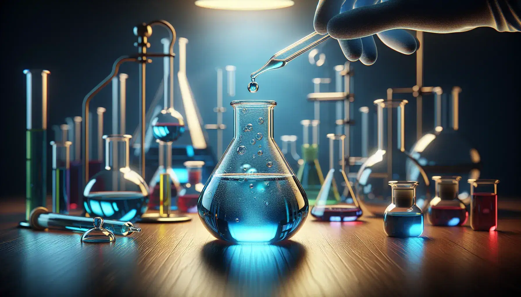 Glass bottle with blue liquid on wooden laboratory bench, pipette with yellow drop above, blurred background with laboratory equipment.