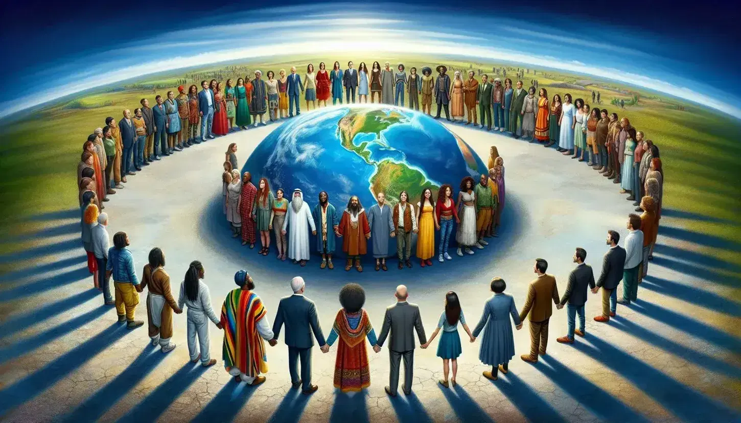 Diverse group of individuals in traditional and modern attire holding hands around a globe, symbolizing global unity and cultural diversity.