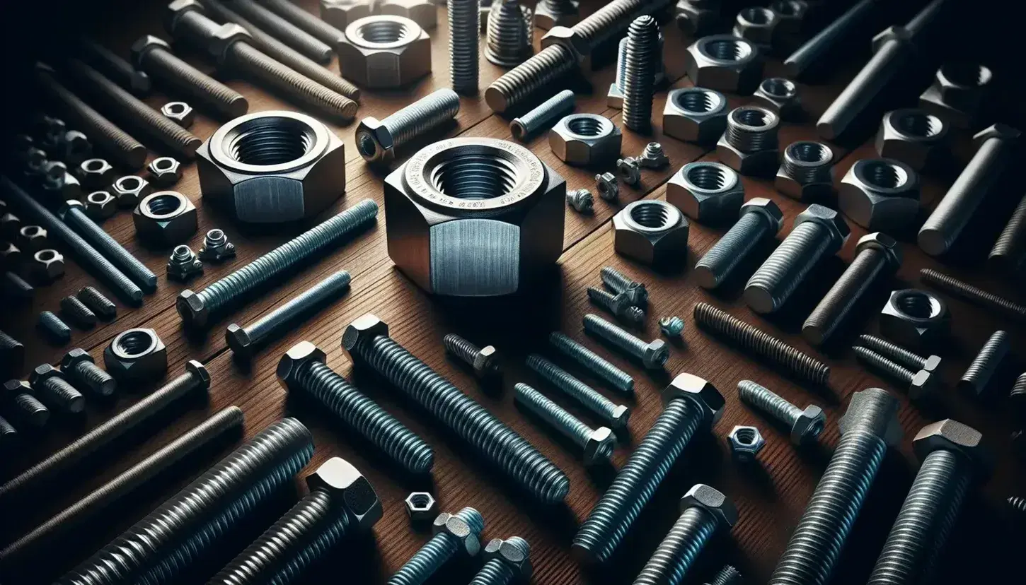 Assortimento di dadi e bulloni metallici di varie dimensioni su superficie in legno scuro, con evidente filettatura e riflessi di luce.