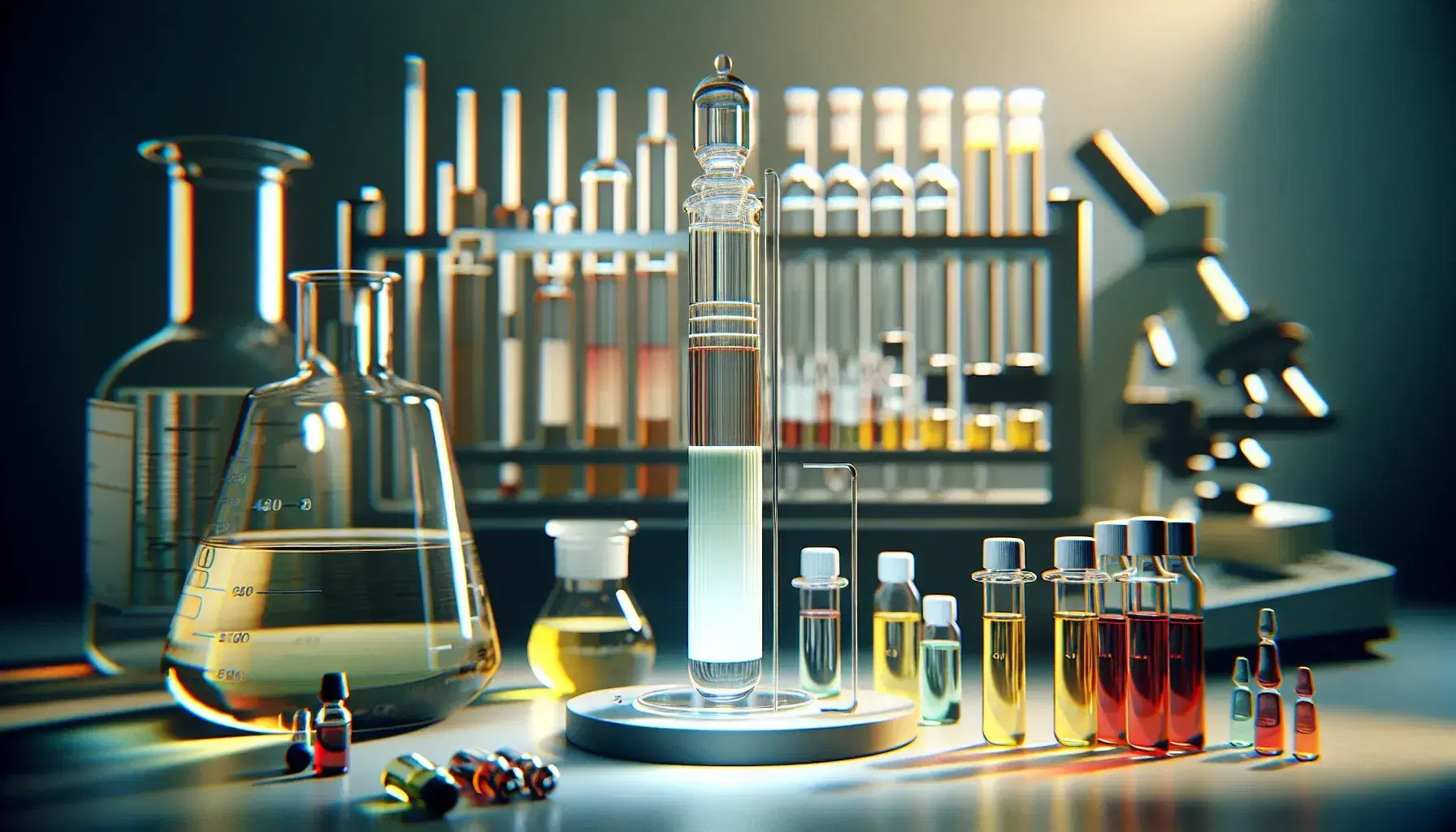 Glass chromatography column with white stationary phase and yellow to red color gradient, beakers and avenues with separated samples.
