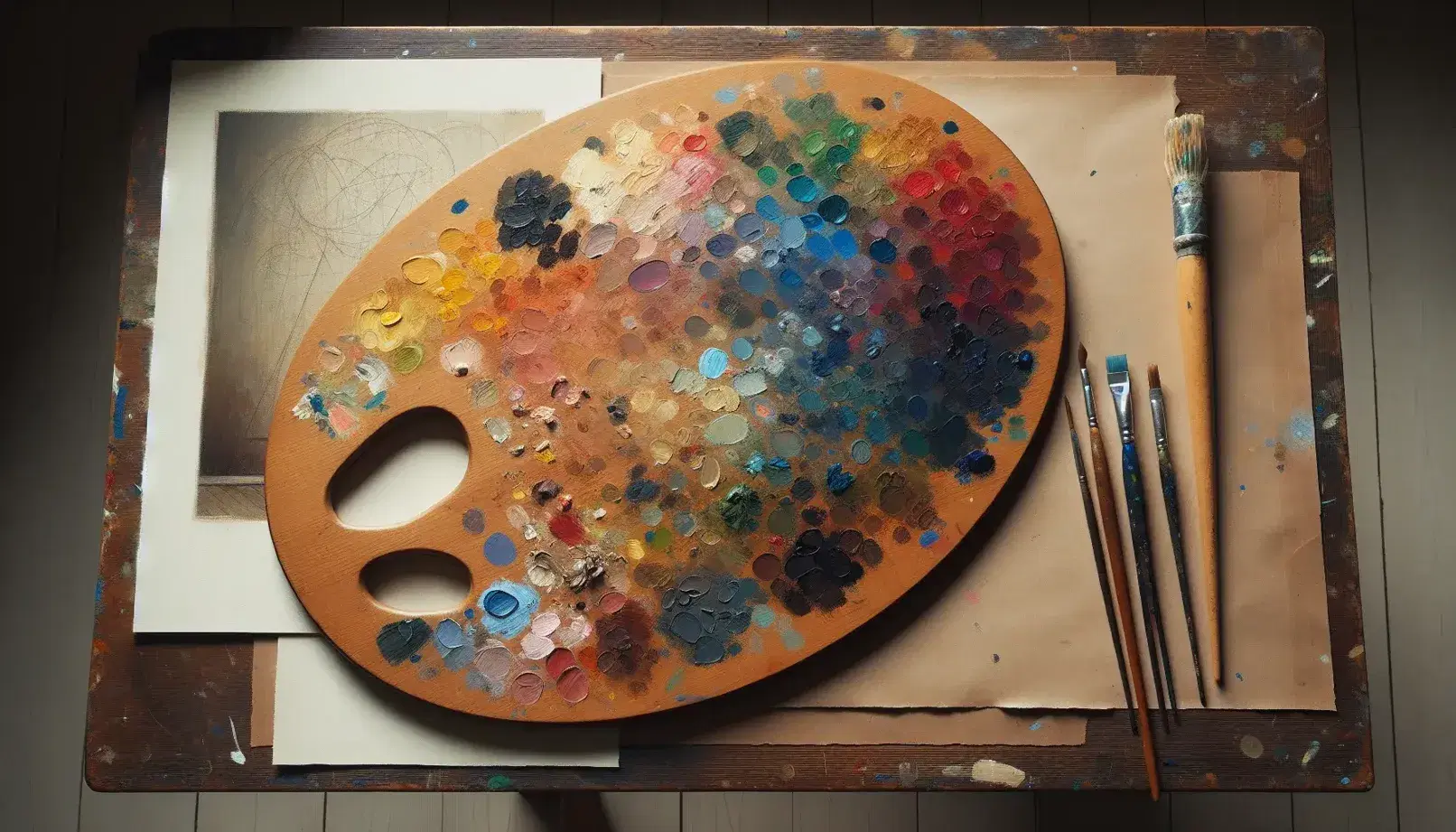 Tavolozza ovale in legno con macchie di colore e pennello con punta blu, angolo di tela con disegno a carboncino di un volto, su tavolo scuro.