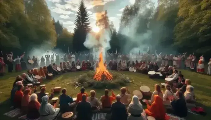 Gruppo di persone in abiti tradizionali forma un cerchio intorno a un fuoco all'aperto, suonando strumenti antichi e partecipando a un rituale.