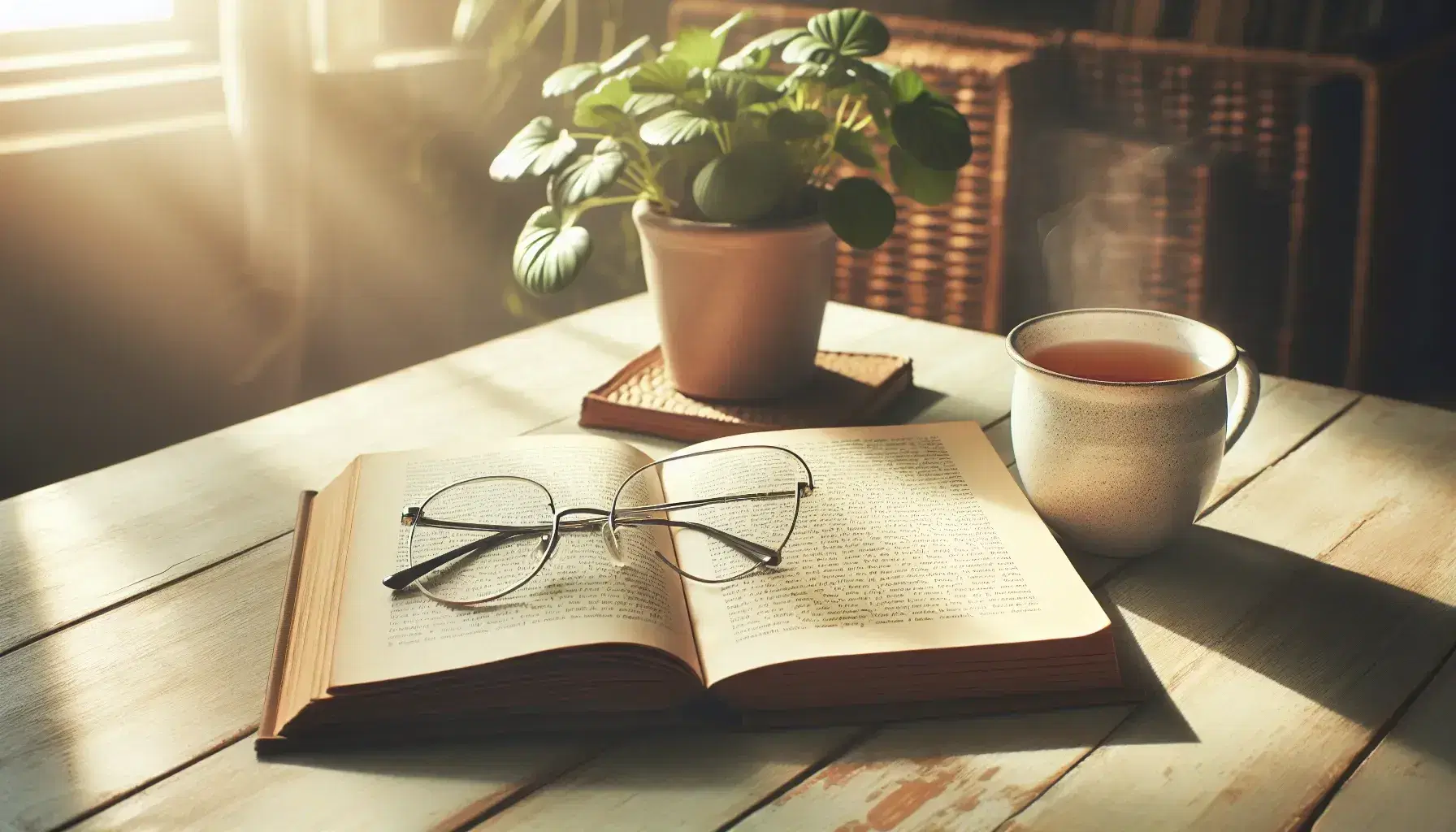 Primer plano de libro abierto sobre mesa de madera clara con gafas de montura metálica y taza de bebida caliente al lado, planta interior desenfocada al fondo, ambiente acogedor.