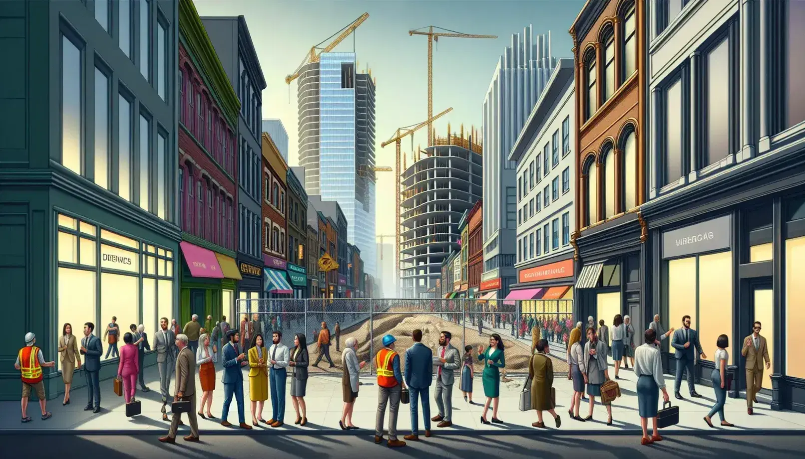 Diverse professionals discuss near a construction site, highlighting economic growth in a city with a mix of modern and historic architecture.