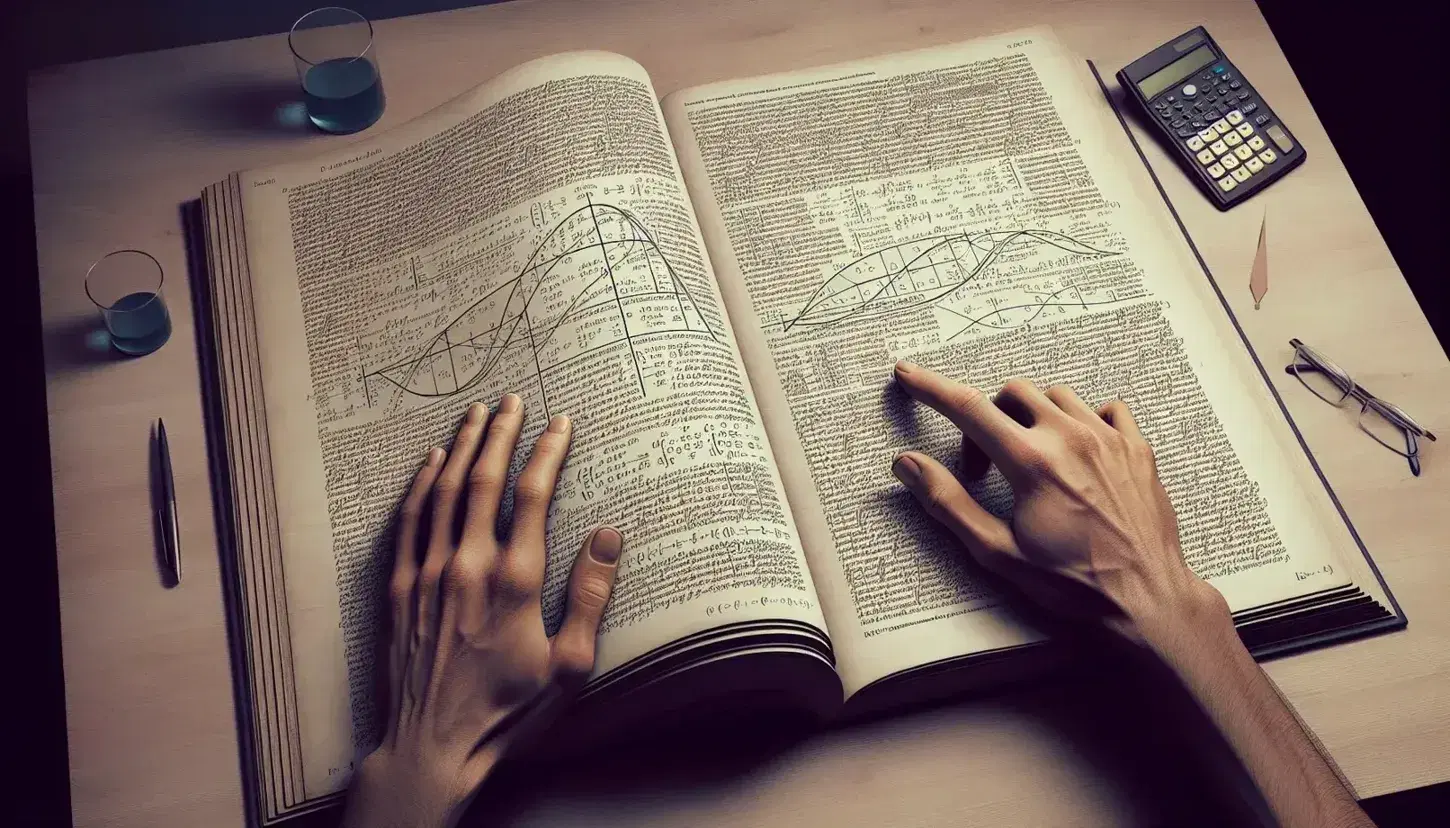 Close-up view of hands on an open textbook with complex mathematical equations, beside a classic calculator and a beaker with blue liquid.