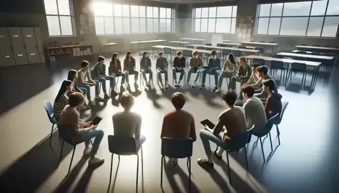 Gruppo di adolescenti seduti in cerchio per una discussione in aula scolastica, con luce naturale e arredamento neutro.