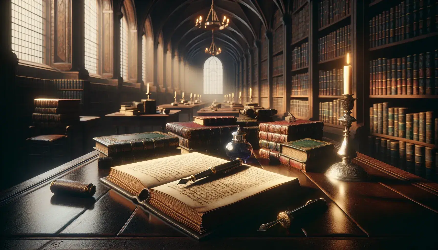 Tavolo in legno scuro con penna stilografica, calamaio argento, occhiali e libro aperto in biblioteca antica, scaffali con libri rilegati e candelabro acceso.