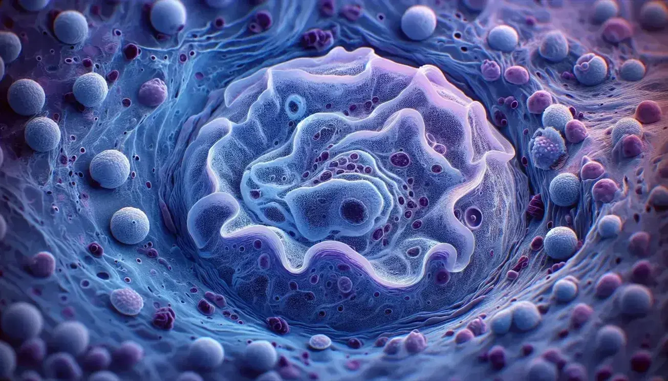 Vista microscópica de células humanas con una célula central grande y ondulada en tonos azul pálido y células menores moradas con núcleos visibles.