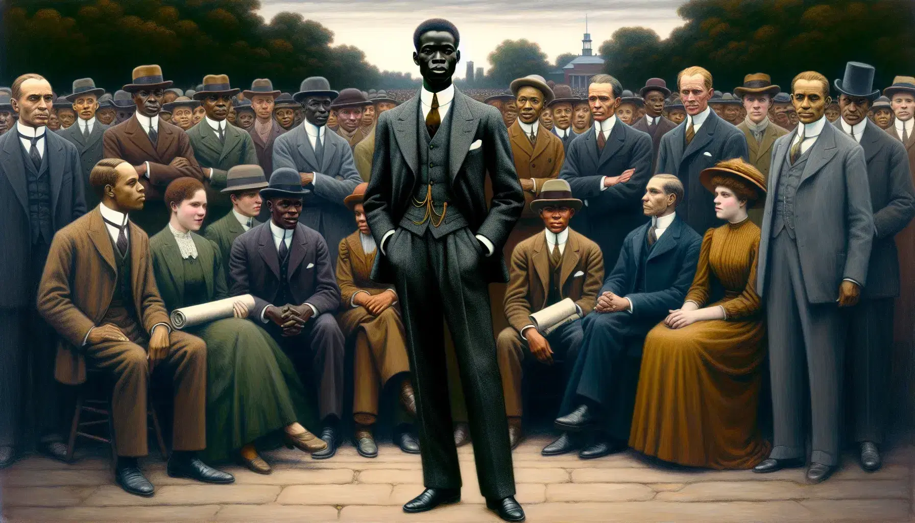 Early 20th-century gathering with a distinguished African descent man holding a document, surrounded by men and women in period attire, outdoors under a clear sky.