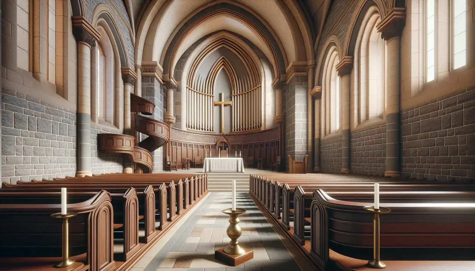 Interior of a historic church with dark wooden bench, arched windows, wooden pulpit, altar with cross and brass candlesticks.