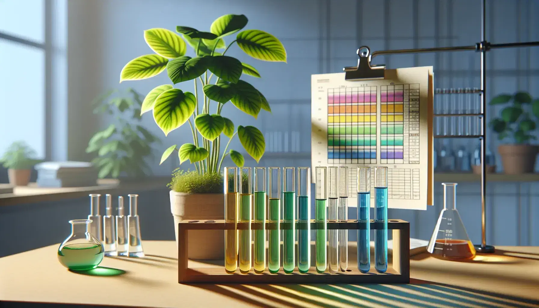 Laboratory bench with colorful test tubes in a rack, a vibrant potted plant, and chromatography paper displaying pigment separation.