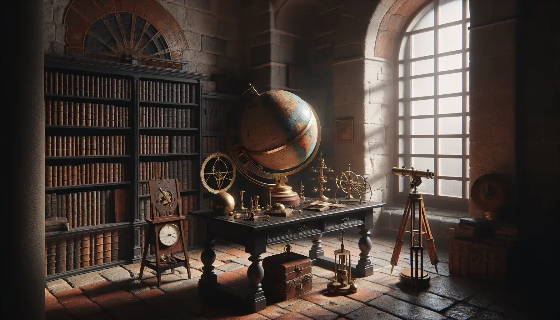 Studio antico con strumenti scientifici vintage, globo terrestre, telescopio su treppiede e libreria con volumi in pelle.