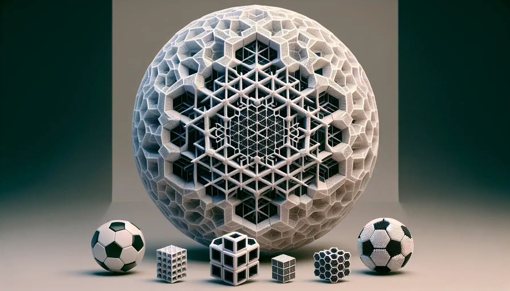 Collection of symmetrical objects: central snowflake, soccer ball, partially solved Rubik's cube, hexagonal basaltic column and molecular model of hydrocarbon.
