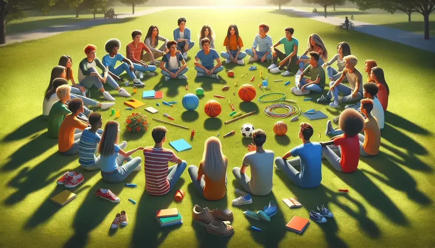 Grupo diverso de adolescentes sentados en círculo en un parque con balón de fútbol, baloncesto y cuerda de saltar, rodeados de árboles en un día soleado.