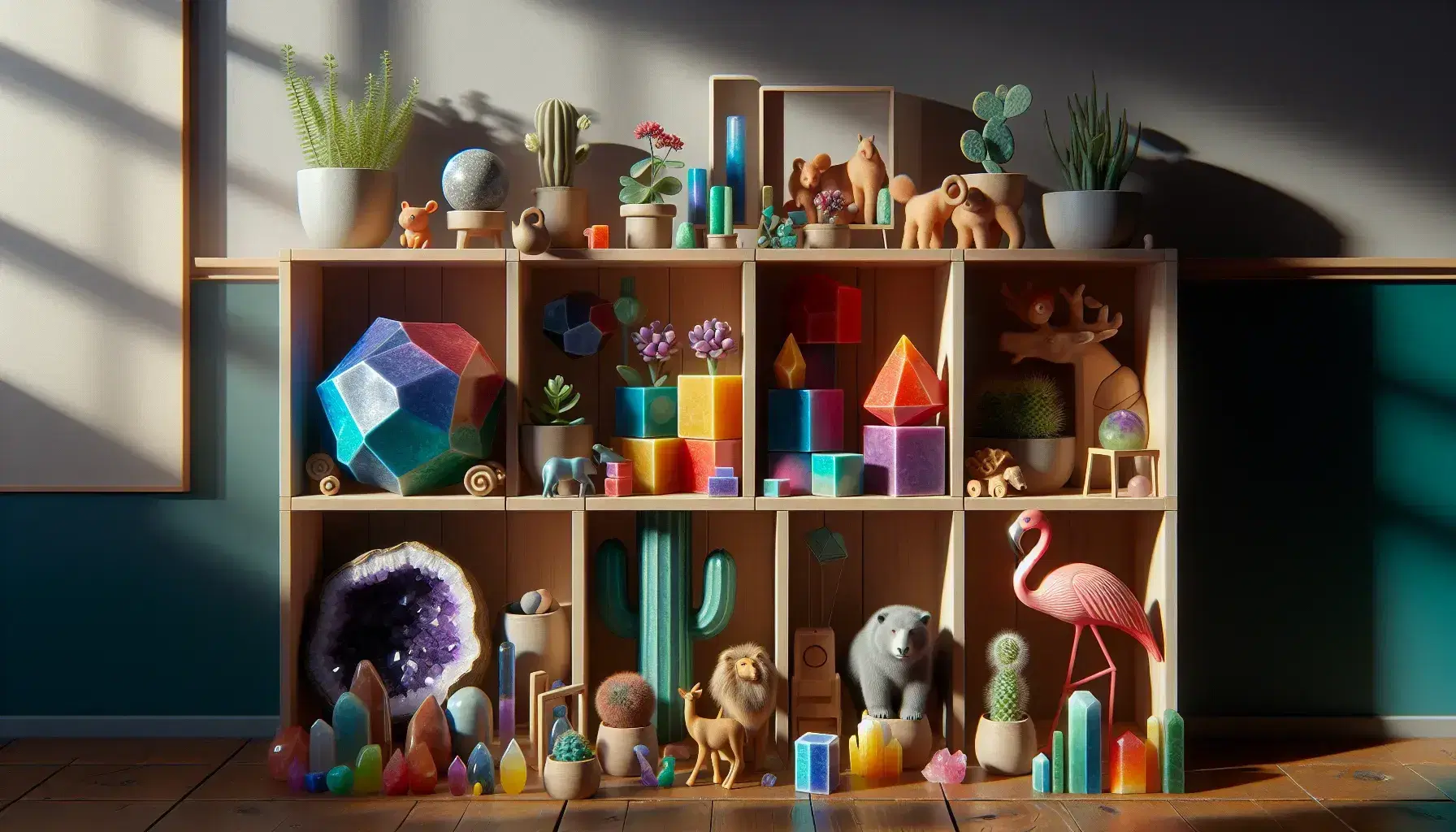 Estante de madera con figuras geométricas coloridas, colección de minerales variados, modelos de animales y plantas en macetas bajo luz natural.