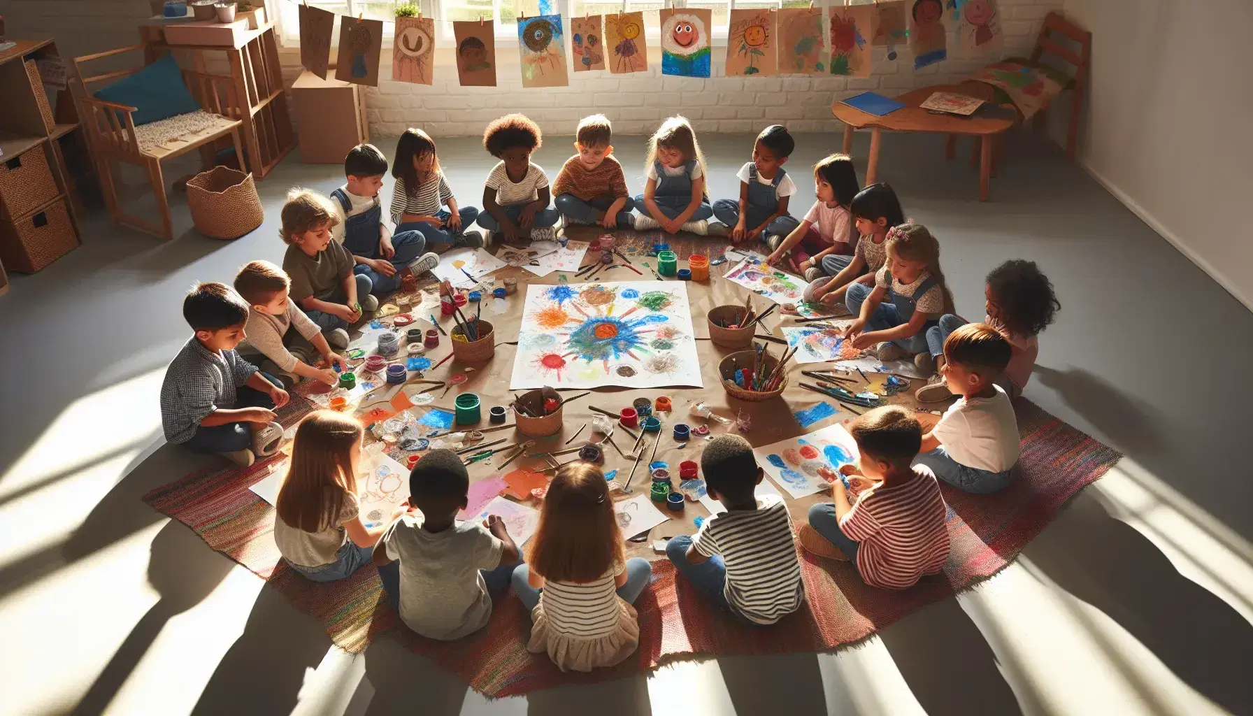 Niños de diversas etnias participando en actividad artística en el suelo, rodeados de materiales de arte y colaborando en una pintura colectiva.