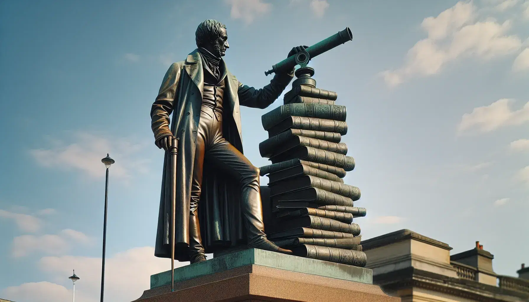 Estatua de bronce de hombre con vestimenta del siglo XIX, barba corta y telescopio en mano, apoyado en libros, sobre pedestal de piedra bajo cielo azul.