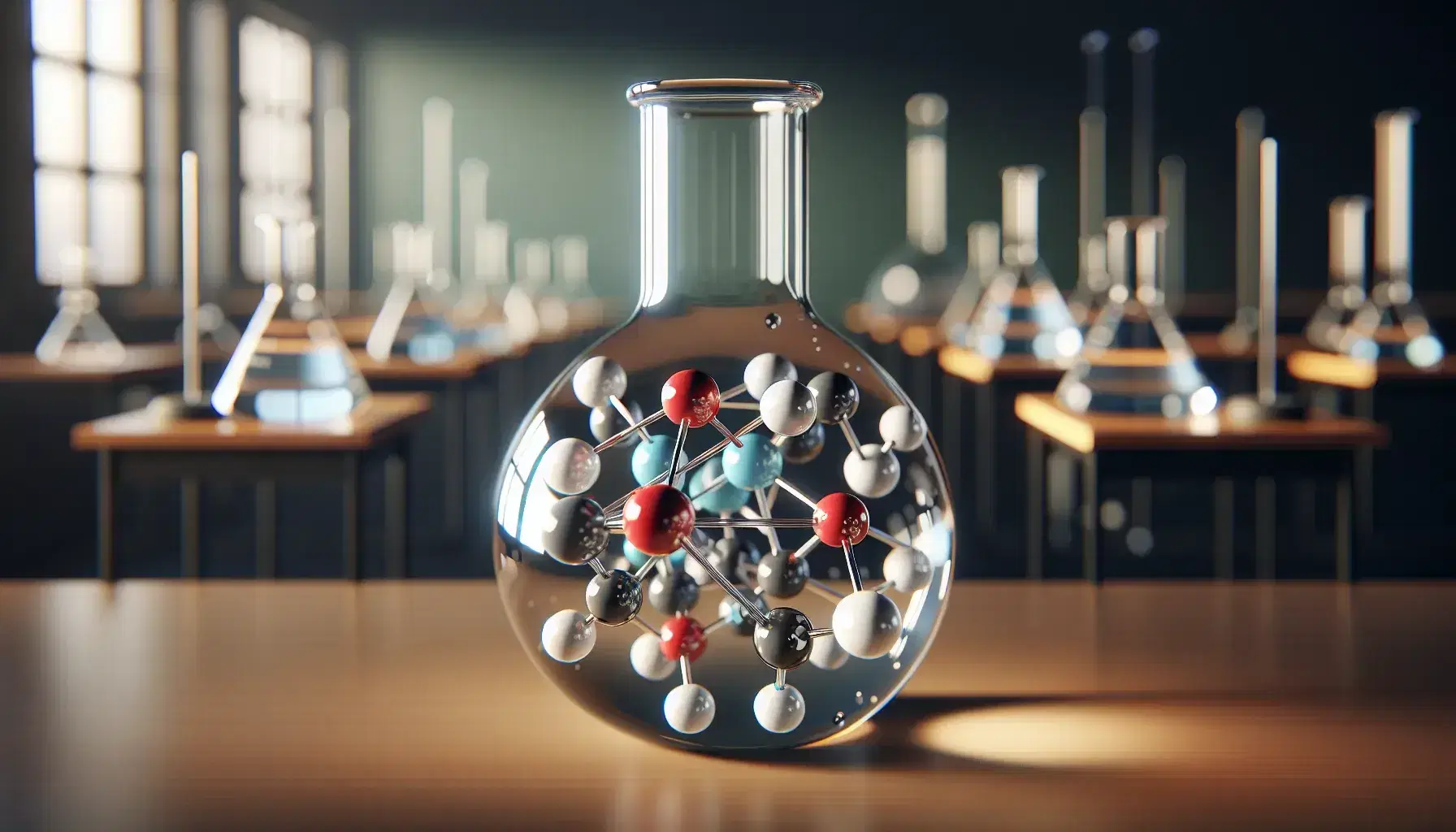 Three-dimensional molecular model in a glass flask on laboratory bench, with colored spheres linked by translucent rods, in blurred environment.