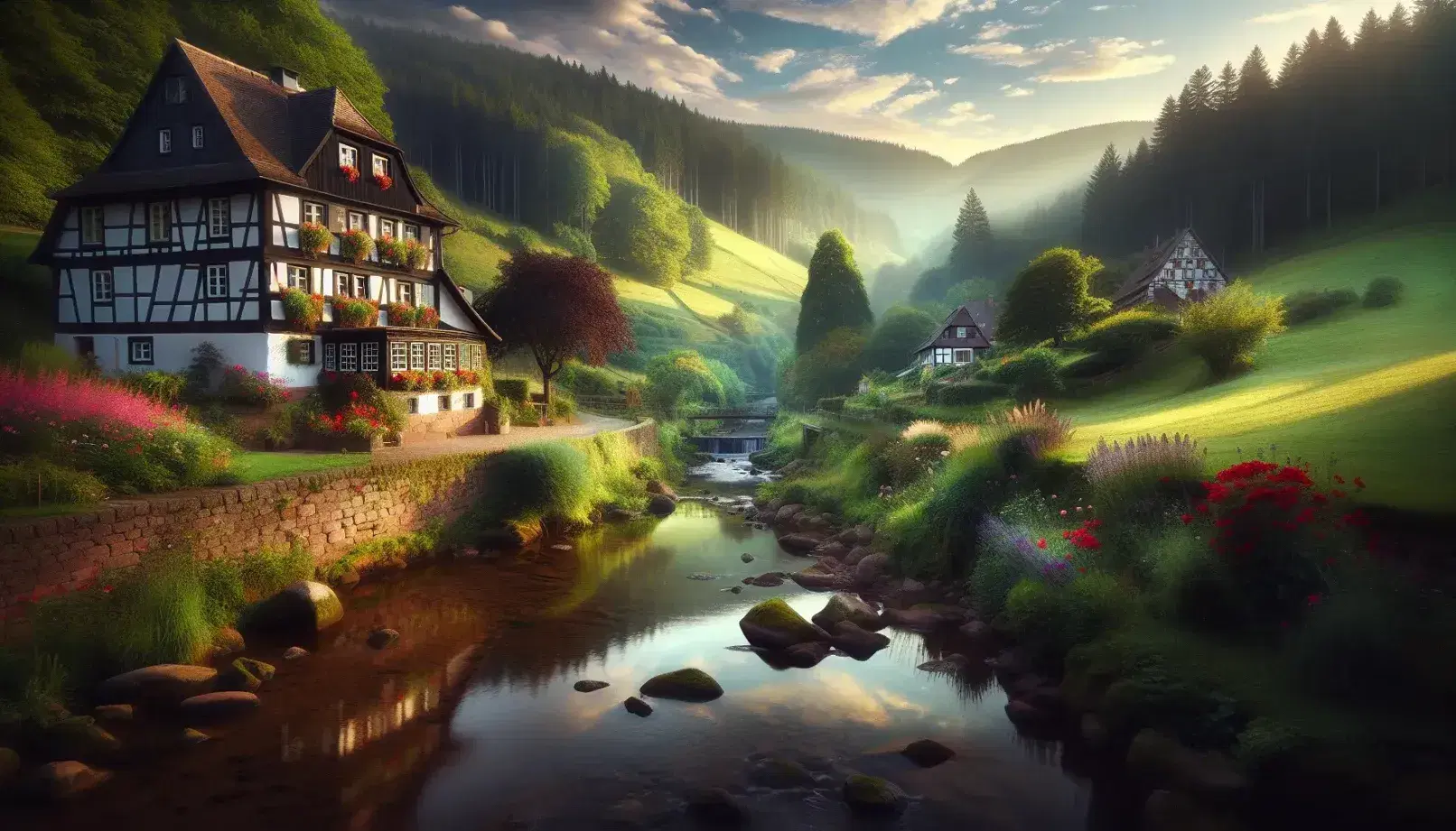 Traditional half-timbered German house with a blooming garden by a stream in the Black Forest, under a blue sky with wispy clouds.