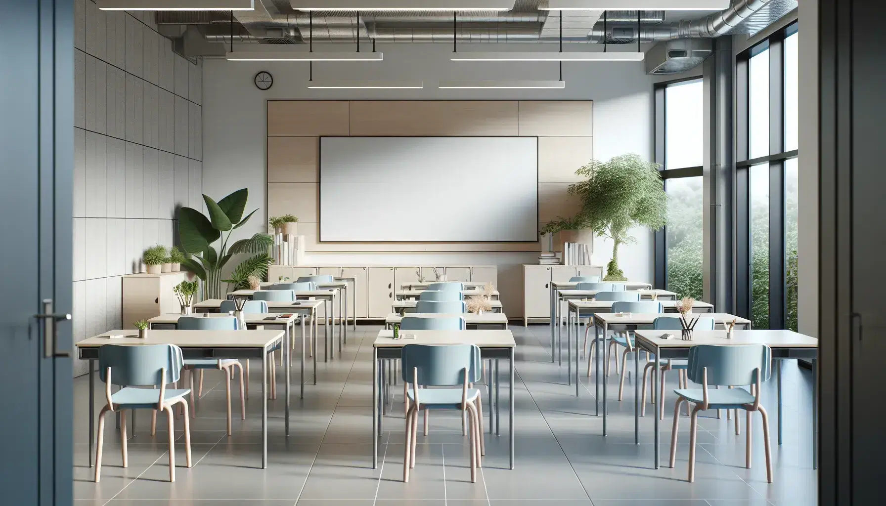 Aula moderna y luminosa con filas de pupitres de madera y sillas plásticas azules, pizarra blanca grande y ventana con vista a árboles.