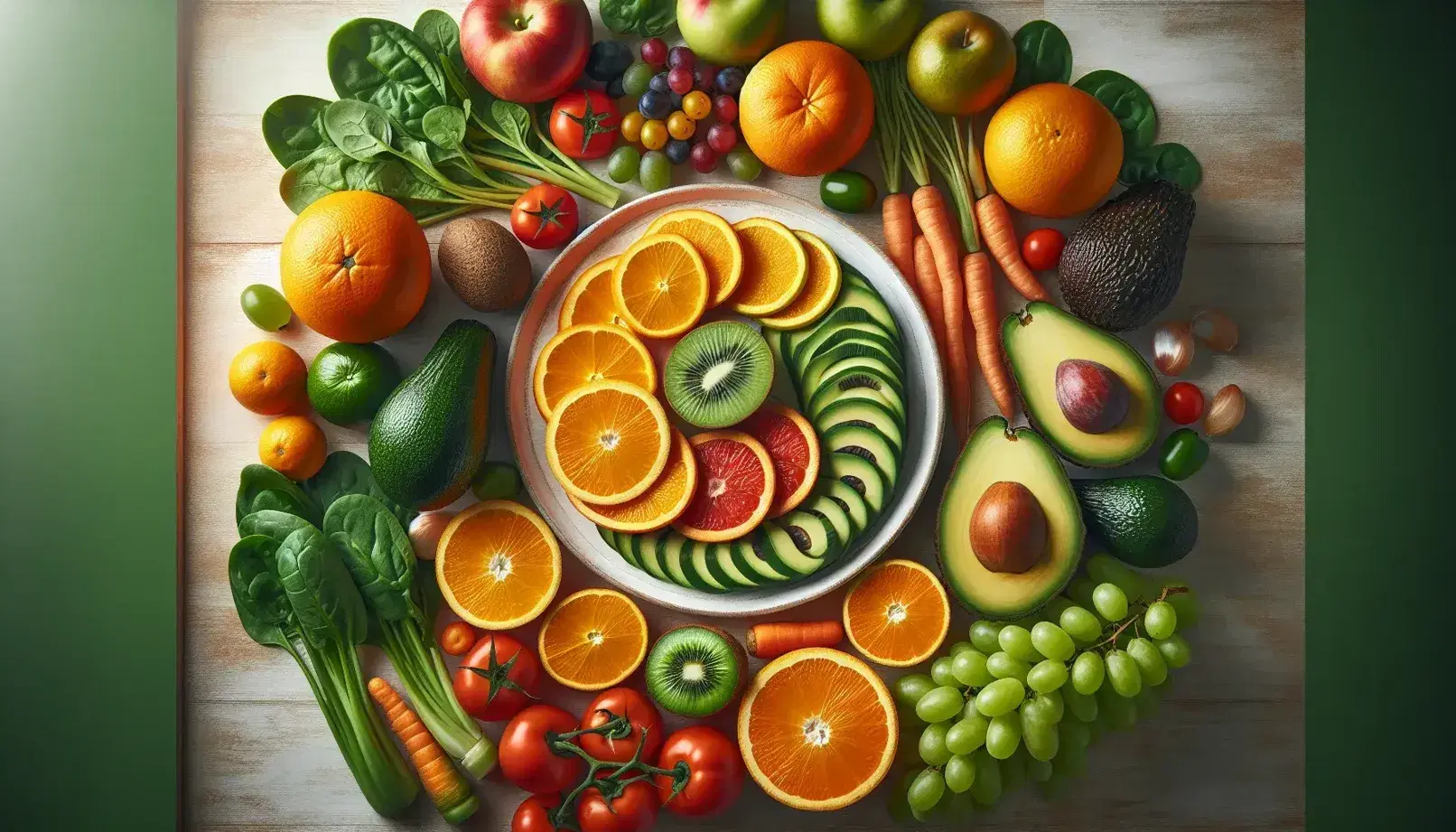 Variedad de frutas y verduras frescas en superficie de madera, con plato de alimentos cortados, naranjas en espiral, uvas verdes, espinacas, tomate, aguacate y zanahoria en rodajas.