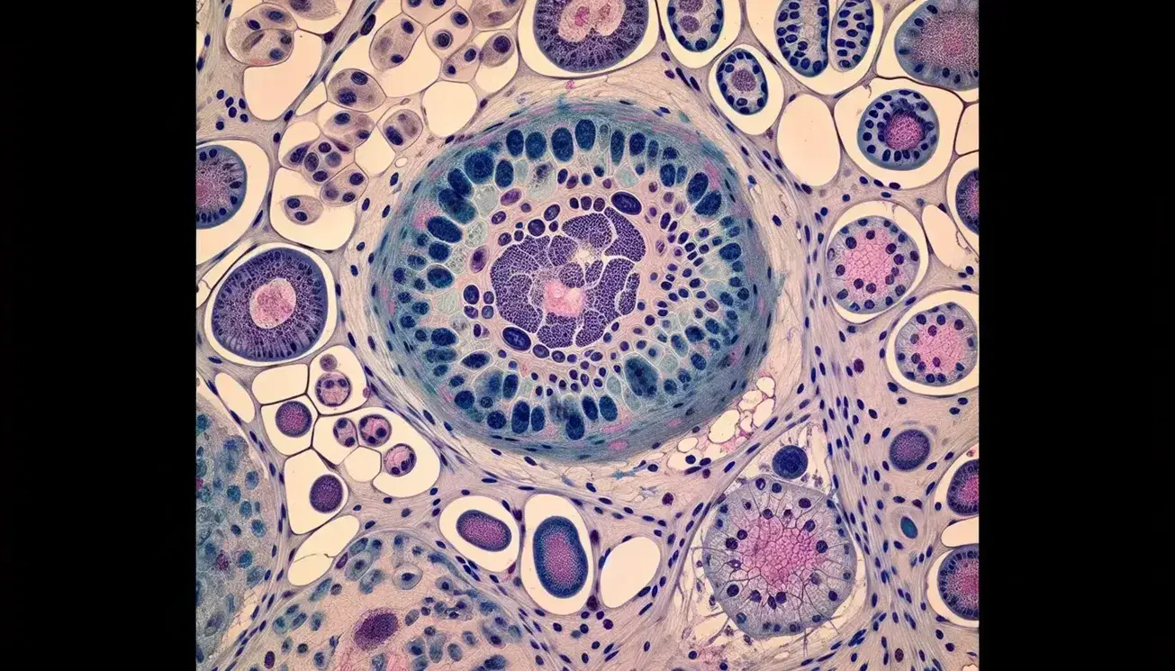 Vista microscópica de células animales en tejido conectivo con núcleo oscuro prominente, citoplasma granulado y mitocondrias visibles.