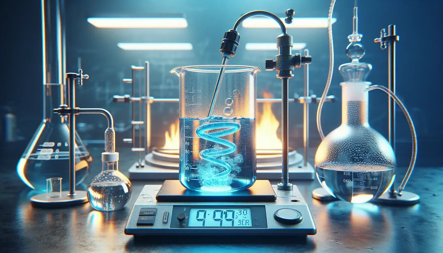 Laboratory with beaker on magnetic stirrer with blue liquid, digital thermometer, Bunsen burner, colored test tubes and glassware in background.